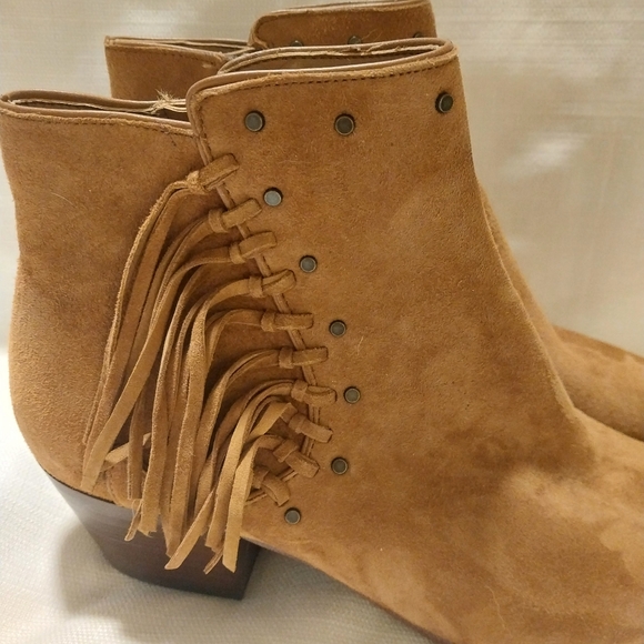Sam Edelman Rudie Tan Suede Fringed Studded Side Zip Western Ankle Bootie NWOB - Picture 7 of 10